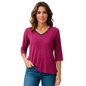 Lur Womens Sz XL Pink Black Striped Long Sleeve Blouse